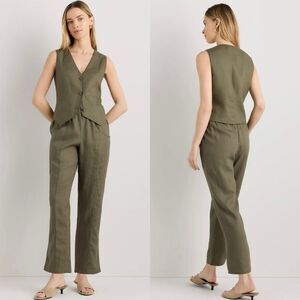Quince 100% European Linen Ankle Tapered Pants Medium Olive High Waist Versatile